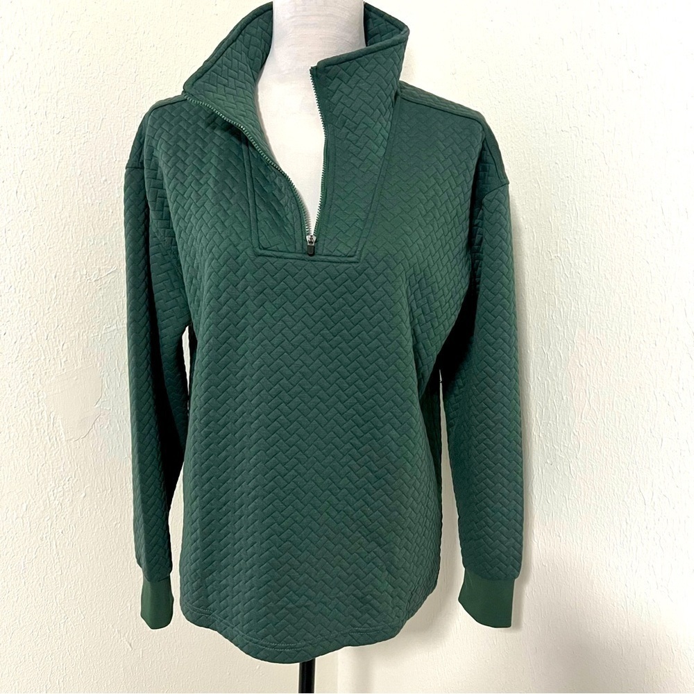 BCG Women's Quilted Fleece Quarter-Zip Top Large Ribbed Sleeves Sycamore NWOT